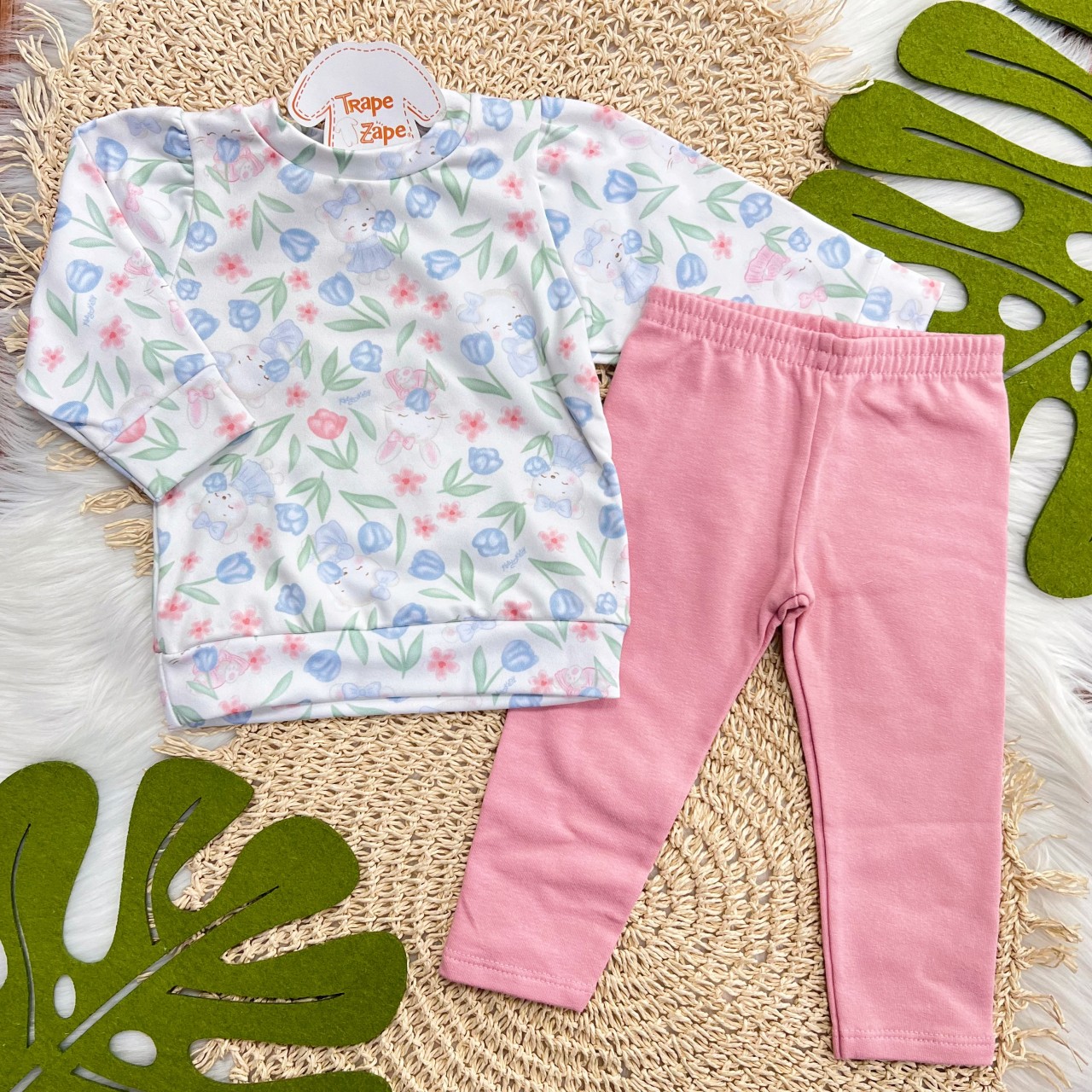 Conj. Blusa Ursinha com Plantinhas em Malha Térmica e Calça Legging - Branco e Rose